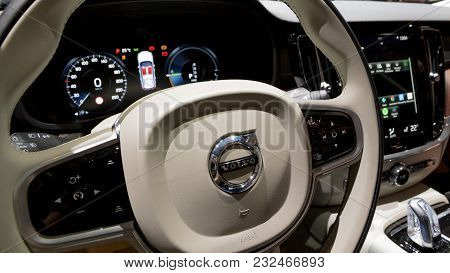Geneva, Switzerland - March 7, 2018: Interior Drivers Dashboard Of The New Volvo V60 Car Showcased A