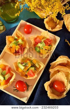 Vegetable Salad In Filo Tartlets. Top View