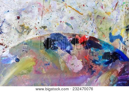 Palette With Watercolor Paint. Not New, Artistic Designs. Creative Space Of The Artist.