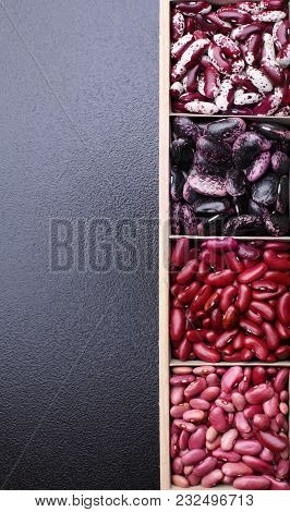 Different Types Of Legumes Beans. In Wooden Box.varieties Of Beans.top View.closeup.texture.copy Spa