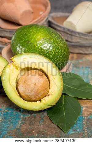 Green Ripe Tasty Ryan Avocado With Big Round Seed, Ready To Eat.