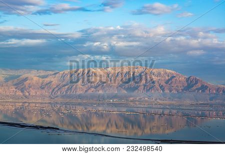 Sunset Over Lowest Salty Lake In World Below Sea Level Dead Sea, Full Of Minerals Near Luxury Vacati