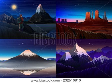 Mountain Everest, Matterhorn, Fuji With Tourist, Monument Valley, Night Panoramic View, Peaks, Lands