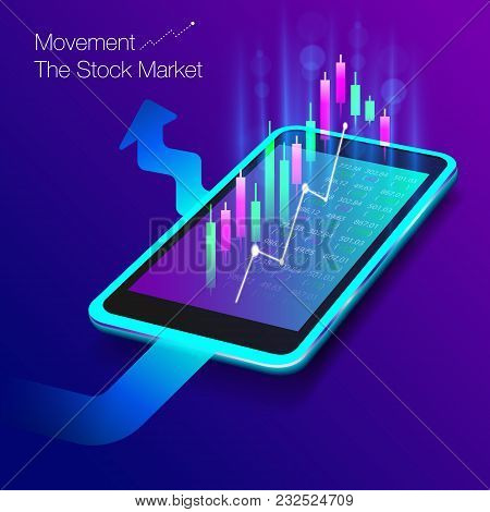 The Stock Market On The Touch Screen Smartphone For Violet Background.