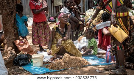 Omo Valley, Ethiopia - September 2017: Unidentified People From Hamar Tribe At Local Village Market 