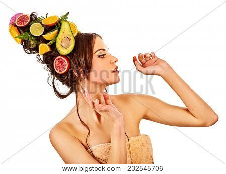 Hair and facial mask from fresh fruits for woman concept. Girl care her skin homemade by dint of organic therapy on isolated. Diet without restrictions.