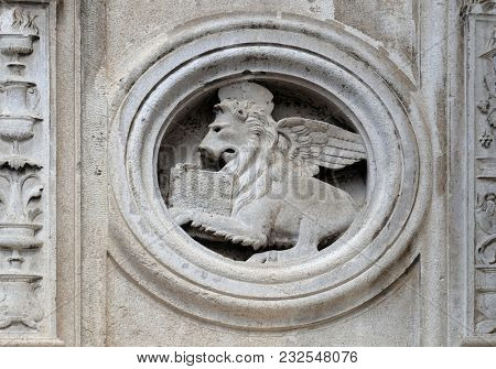 MODENA, ITALY - JUNE 04: Symbol of Saint Mark the Evangelist the marble pulpit by Jacopo e Paolo da Ferrara, dated 1501, Modena Cathedral, Italy on June 04, 2017.