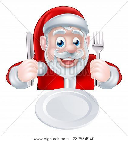 A Christmas Cartoon Illustration Of Santa Claus Ready For His Christmas Meal Holding A Knife And For