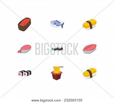 Sushi Icons Set. Gunkan And Sushi Icons With Sake Nigiri, Tamago Nigiri And Saba Nigiri. Set Of Elem