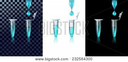 Microtest Tube For Laboratory Researches Closed And Open With A Water Drop Over Her. On A Transparen