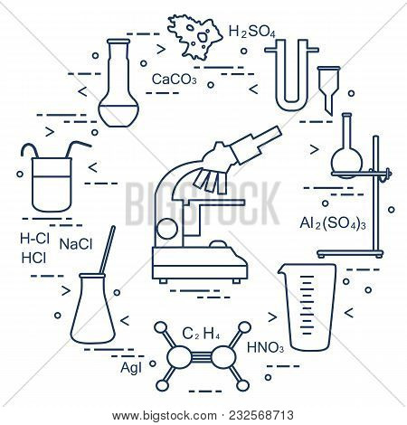 Chemistry Scientific, Education Elements: Microscope, Flasks, Tripod, Formulas, Beaker, Amoeba, Meas