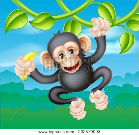 A Cute Cartoon Chimp Primate, Similar In Appearance To A Monkey, Character Swinging From Vines In Th