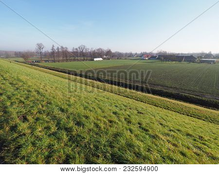 Panoramic Countryside Landscapes Of Green Grassy Field Next To Artificial Goczalkowice Reservoir In 