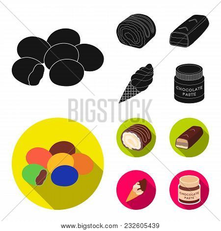 Dragee, Roll, Chocolate Bar, Ice Cream. Chocolate Desserts Set Collection Icons In Black, Flat Style