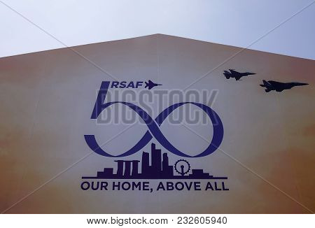 Singapore - Feb 11, 2018. Backdrop Of Rsaf50 (50th Years Singapore Air Force) Celebrations In Changi
