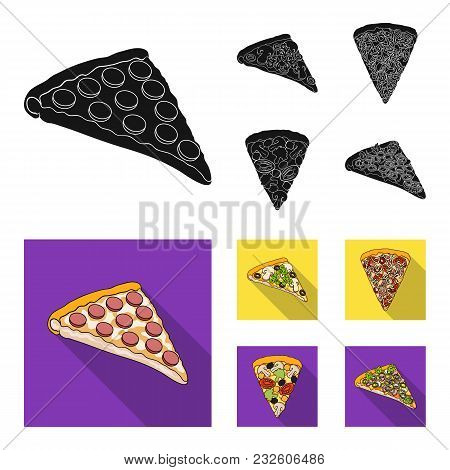 A Slice Of Pizza With Different Ingredients. Different Pizza Set Collection Icons In Black, Flat Sty