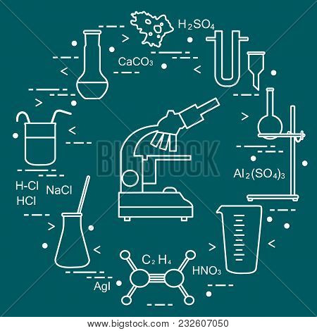 Chemistry Scientific, Education Elements: Microscope, Flasks, Tripod, Formulas, Beaker, Amoeba, Meas