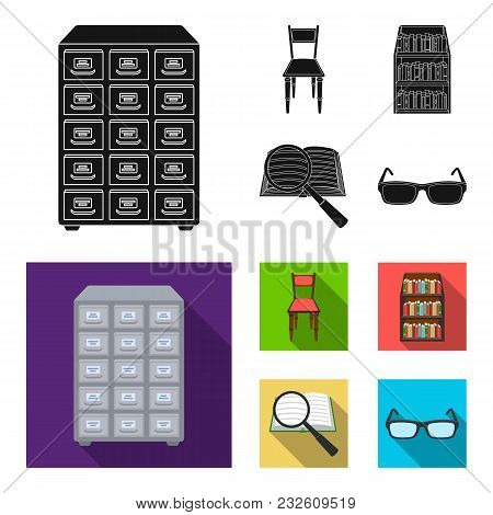 Cabinet With Filing Cabinet, Chair, Shelves, Information Search. Library And Bookstore Set Collectio