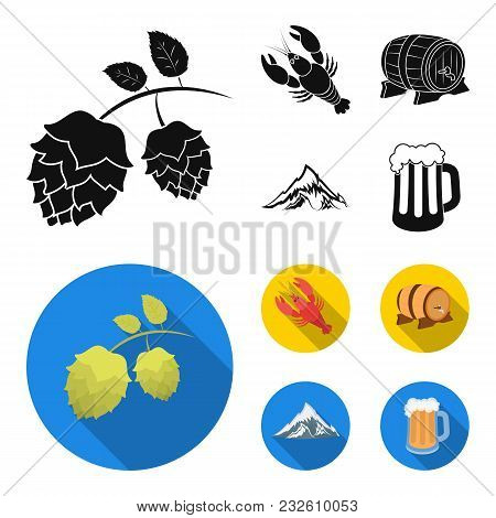 Alps, A Barrel Of Beer, Lobster, Hops. Oktoberfest Set Collection Icons In Black, Flat Style Vector 