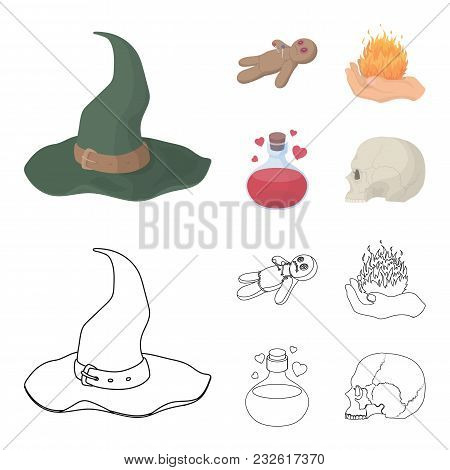 A Voodoo Doll, A Magical Fire, A Love Potion, A Skull.black And White Magic Set Collection Icons In 