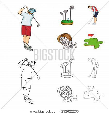Stand For A Golf Club, Muzhchin Playing With A Club, Basket With Balls, Label With A Flag On The Gol