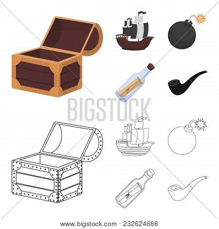 Pirate, Bandit, Ship, Sail .pirates Set Collection Icons In Cartoon, Outline Style Vector Symbol Sto