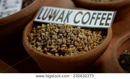 Raw Beans Of Luwak Coffee In The Big Clay Dish On The Wooden Table. One Of The Steps Of Preparing Of