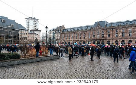 Strasbourg, France  - Mar 22, 2018: Gathering Of People At Demonstration Protest Against Macron Fren
