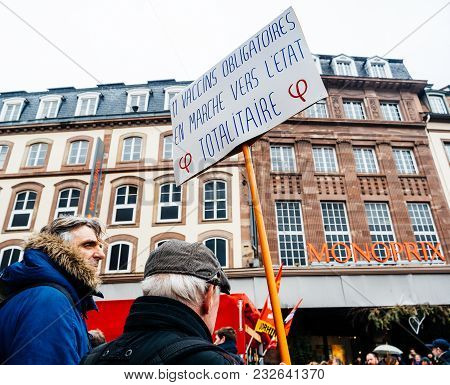 Strasbourg, France  - Mar 22, 2018: People With Flags And Placard At Demonstration Protest Against M