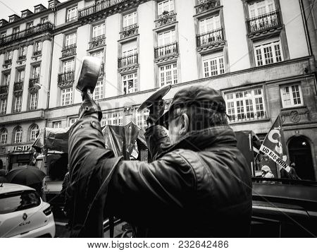 Strasbourg, France  - Mar 22, 2018: People At Demonstration Protest Against Macron French Government