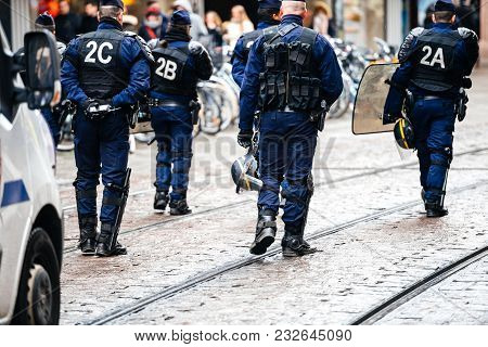Strasbourg, France  - Mar 22, 2018: Police Force Surveillance Of Demonstration Protest Against Macro
