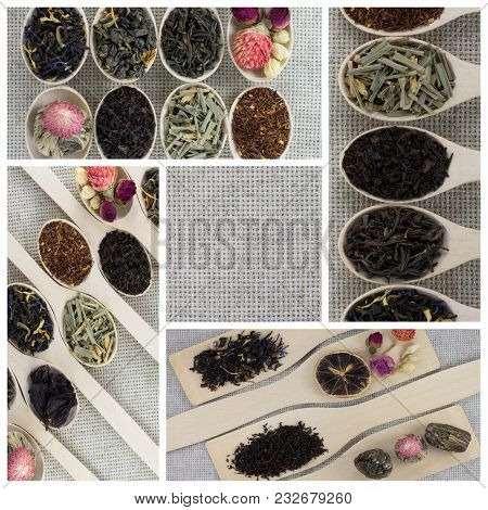 Collage Of Different Varieties And Types Of Tea In Assortment. The Ability To Write Text. Square Col