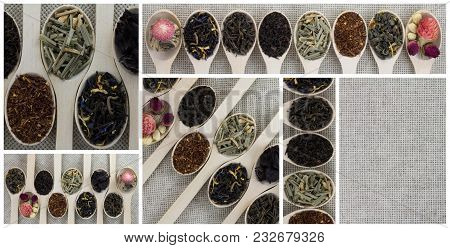 Collage Of Different Varieties And Types Of Tea In Assortment. Rectangular Collage. The Ability To W