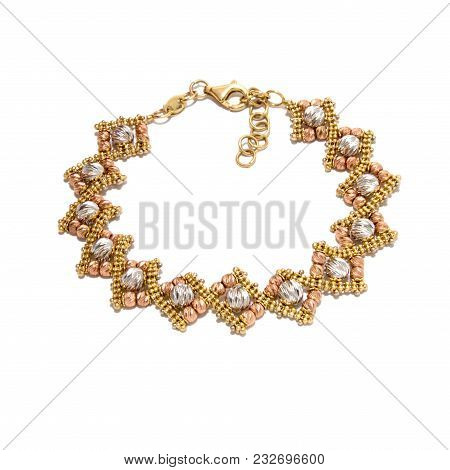 Graceful Unusual Golden Bracelet From White, Yellow And Red Gold Isolated On White Background