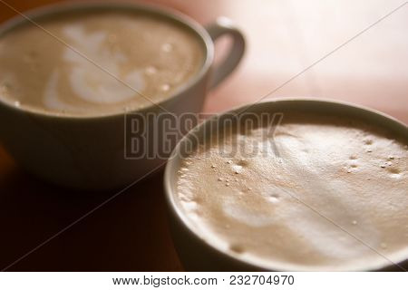 Closeup A Cups Of Coffee On A Table In A Cafe