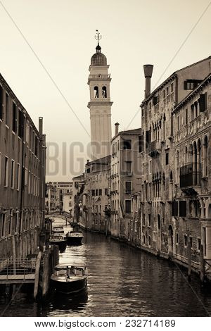 San Giorgio dei Greci church bell tower and Venice canal. Italy.