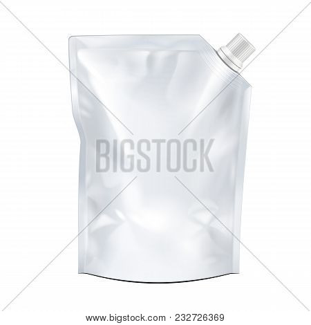 Blank Food Doypack Flexible Blank Stand Up Pouch Bag With Corner Spout Lid. Mock Up, Template. Illus