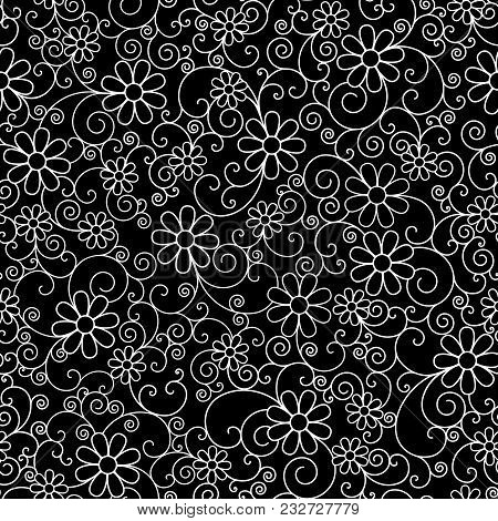 Seamless Pattern Of Stylized Flowers And Filigree In Black And White.