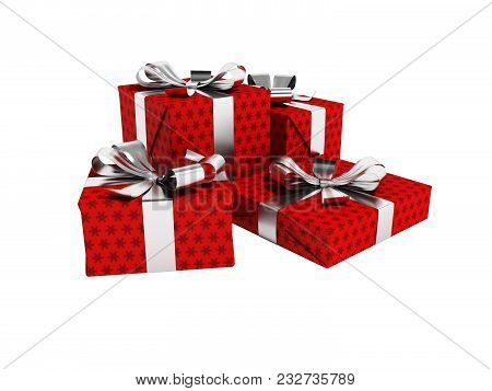 Gifts Of Four In A Paper Red Label With A Bow Gray In Front 3d Render On A White Background No Shado