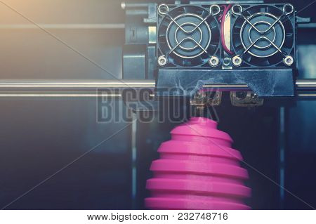 Fdm 3d-printer Manufacturing Wound Pink Easter Egg Sculpture - Front View On Object And Print Head -