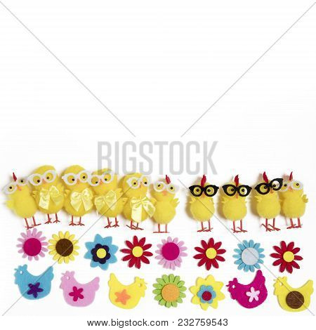 Background With Funny Figures Of Chickens And Flowers From Felt. Easter Card