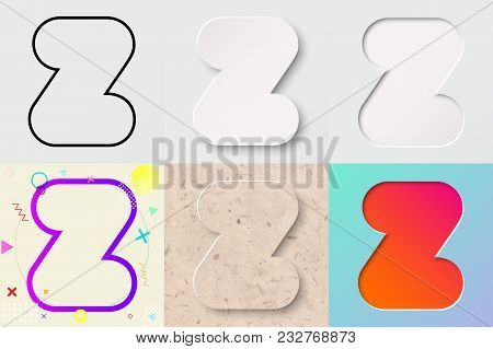 Vector Illustration Set Of Cute Bold Rounded Letter Z With Outline, 3d Paper Cut, Embossing, Neo Mem