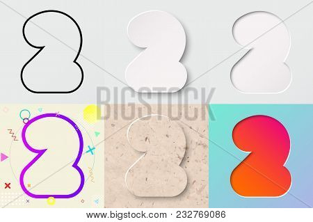 Vector Illustration Set Of Cute Bold Rounded Number Two Lettering With Outline, 3d Paper Cut, Emboss