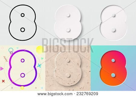 Vector Illustration Set Of Cute Bold Rounded Number Eight Lettering With Outline, 3d Paper Cut, Embo