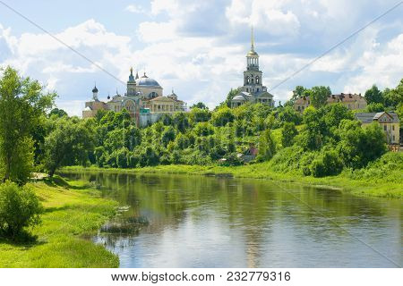 Tvertsa River And Borisoglebsky Monastery On A Sunny July Day. Torzhok, Russia