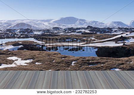 Opening Wooden Floor Iceland Mountain Natural Landscape In Winter Season