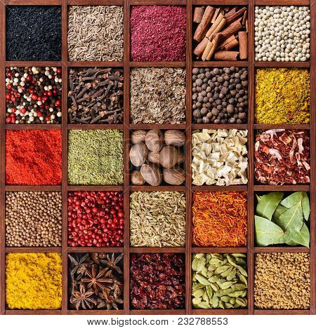 Spice Background. Assortment Of Spices And Seasoning In Square Wooden Box With Many Compartments Top