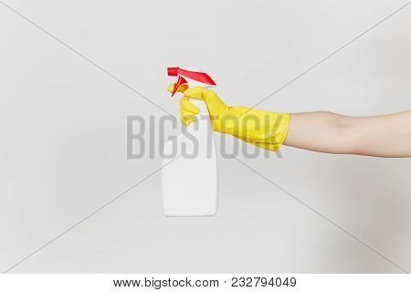 Close Up Of Female Hand In Yellow Gloves Click On White Spray Bottle With Cleaner Liquid With Place