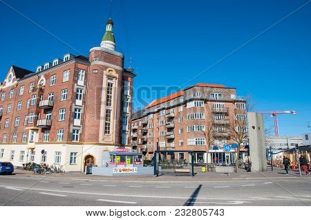 Copenhagen Denmark - March 18. 2018: Buildings In The Vesterbro District