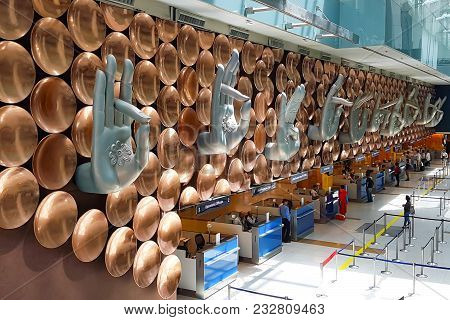 New Delhi, India - April 8, 2017: Beautiful Decoration Of Passenger Arrival Check-in Counters At Ind